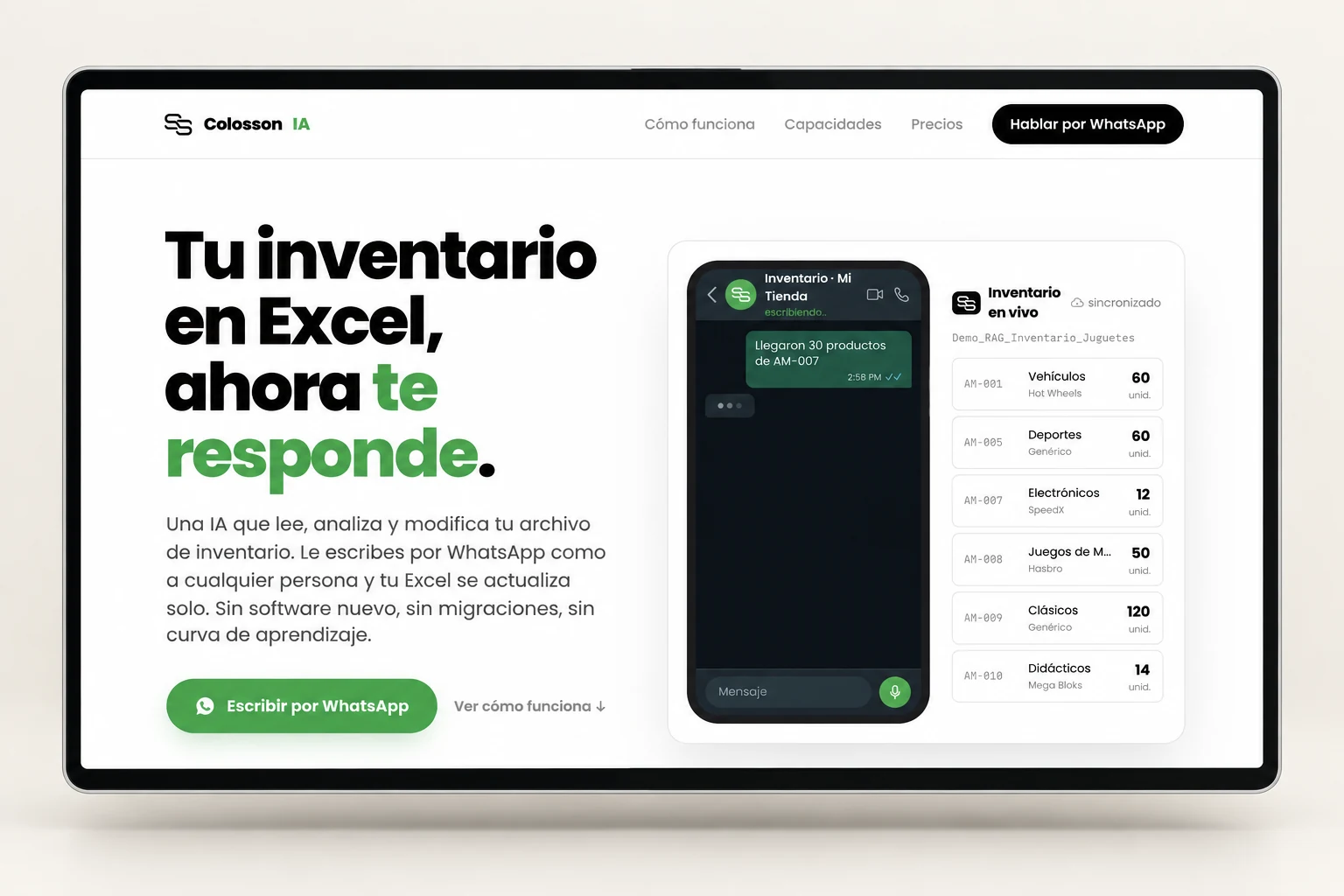 Presentación del sitio Colosson IA con una conversación de WhatsApp y un inventario en Excel