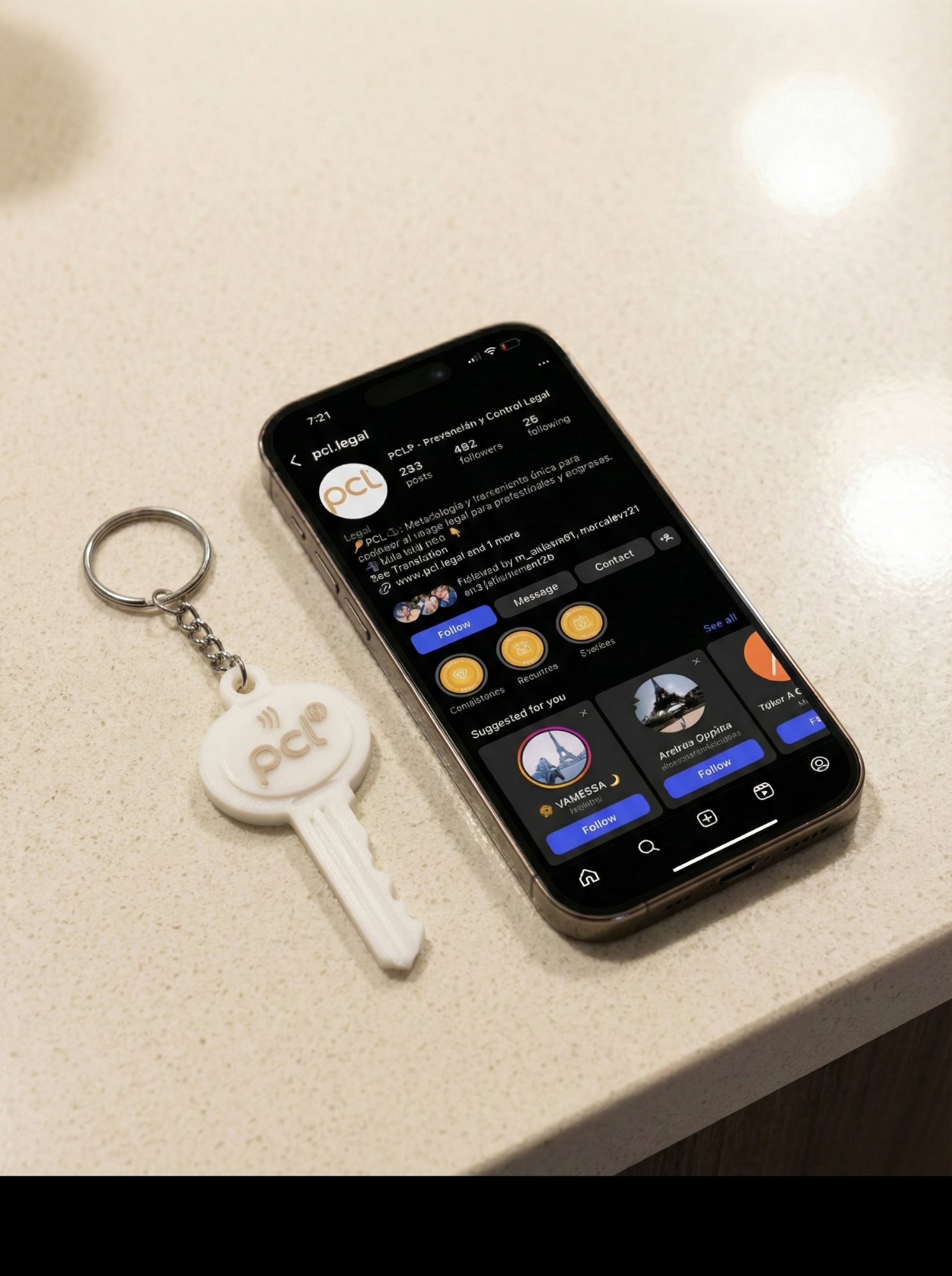 Llave blanca impresa en 3D con símbolo NFC junto a un teléfono