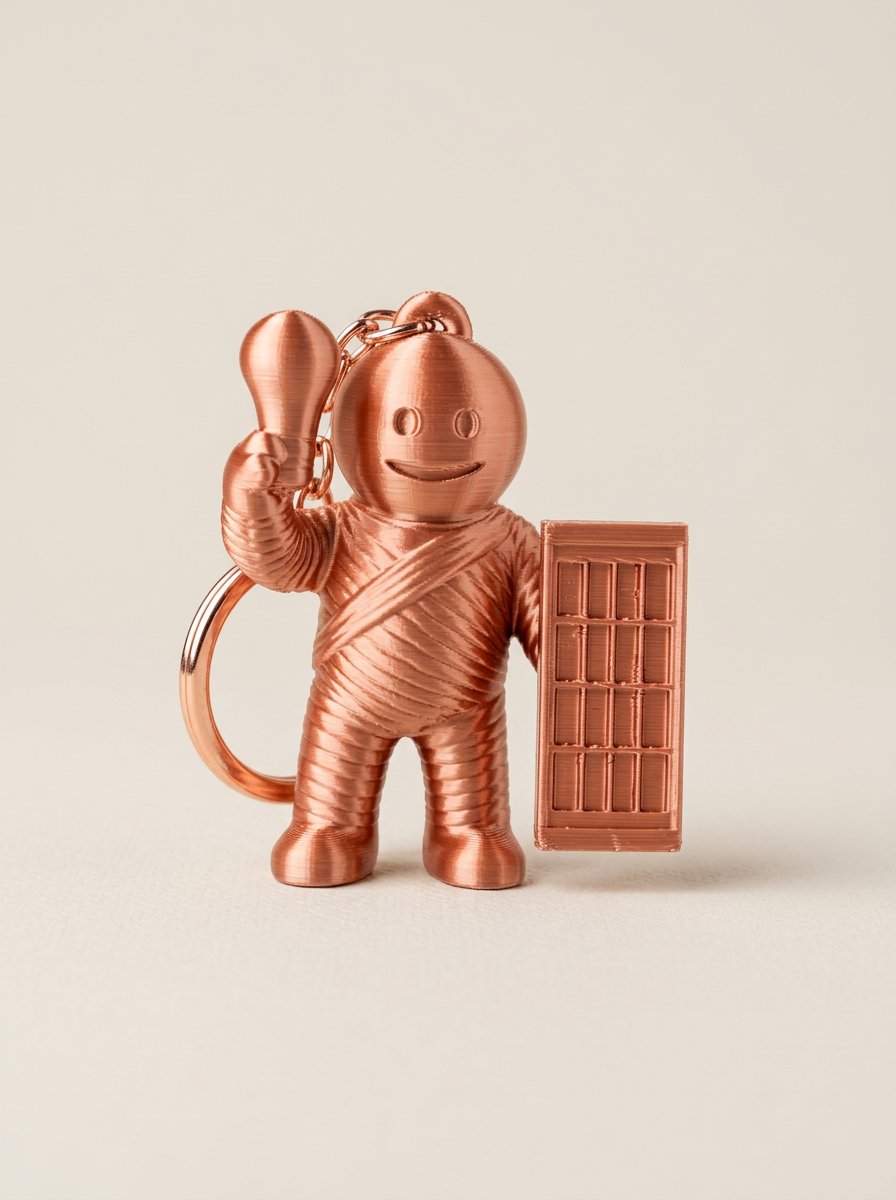 Figura corporativa impresa en 3D con acabado color cobre