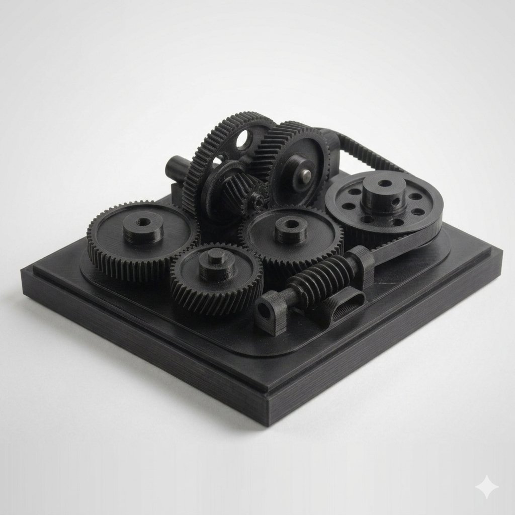 Engranajes y componentes funcionales negros impresos en 3D