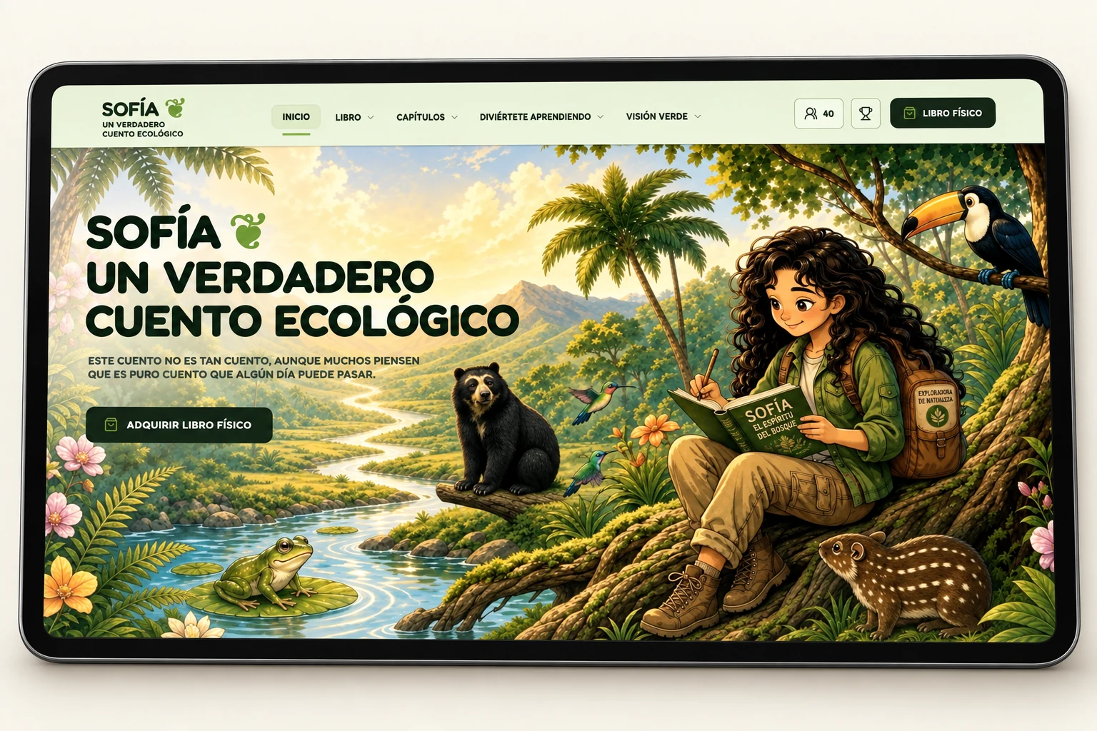 Presentación del sitio educativo de Sofía con ilustraciones de la biodiversidad colombiana