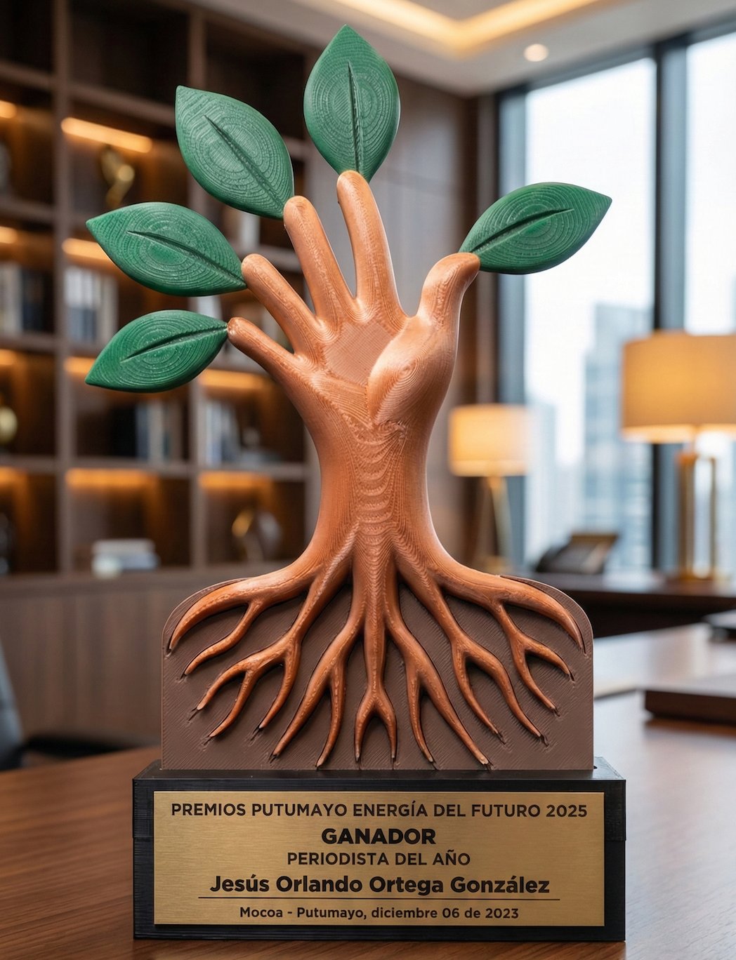 Trofeo personalizado con una mano que sostiene la forma de un árbol